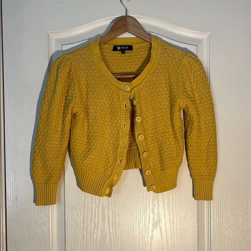 Yellow Cable Knit Cropped Cardigan Sweater